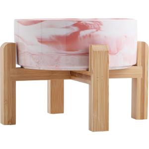 Elevated/Raised Dog Bowl Ceramic with Wood Stand for Medium Large Breed,Dog Food Water Dish Heavy Weighted, 8 in Non Slip Porcelain Pet Bowl Extra Big Marble Pink