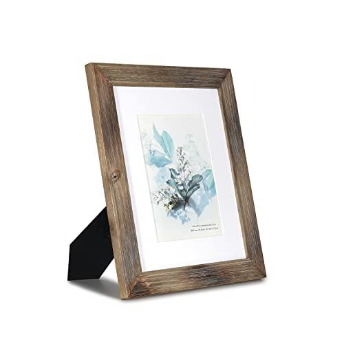 KAIWIN 100% Solid Wood Brown 8x10 Picture Frame 1 Pack - Display Picture 5x7 with Mat, HD Glass Inside, Rustic Wooden Photo Frames for Table Top and Wall Mounting