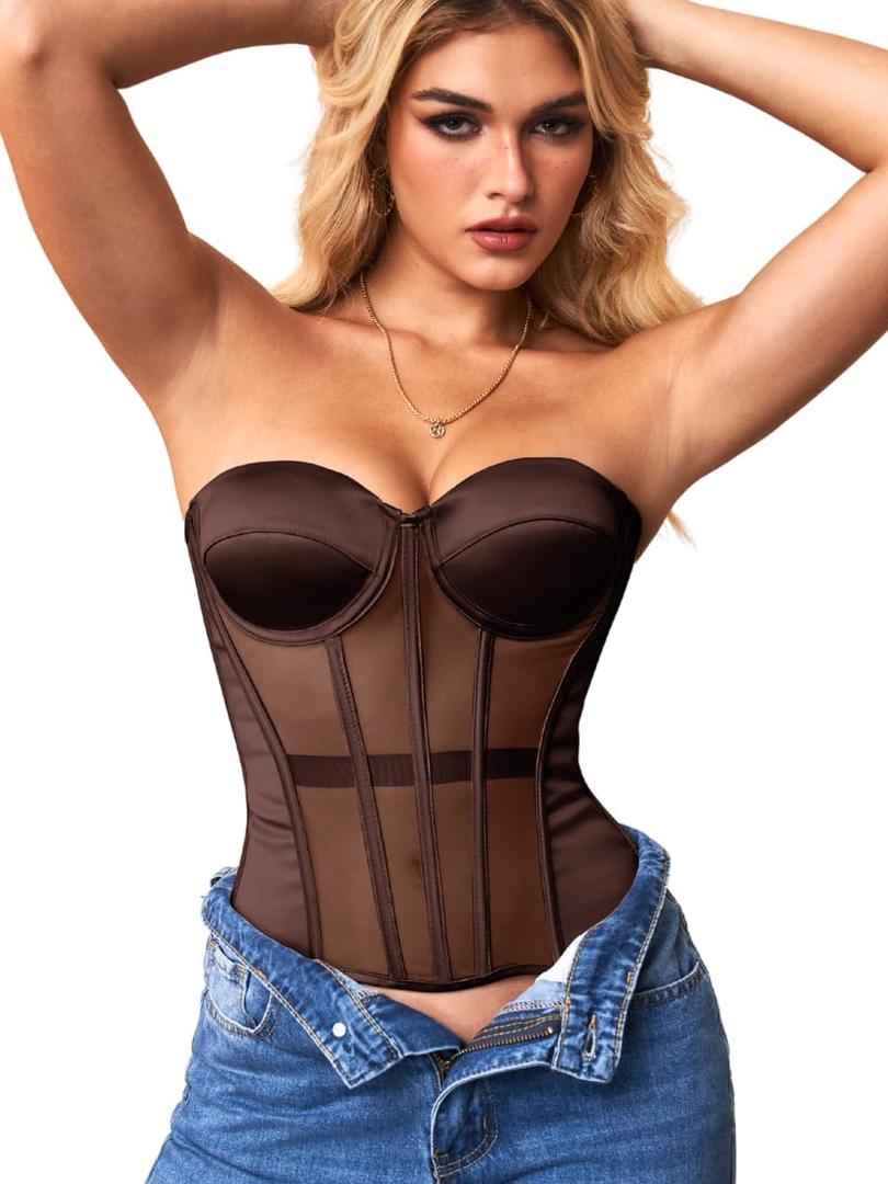 Kaei&Shi Strapless Sheer Mesh Corset, Push Up Shapewear Corsets Top For Women Lace Up Fit Size 4-6 (Brown)