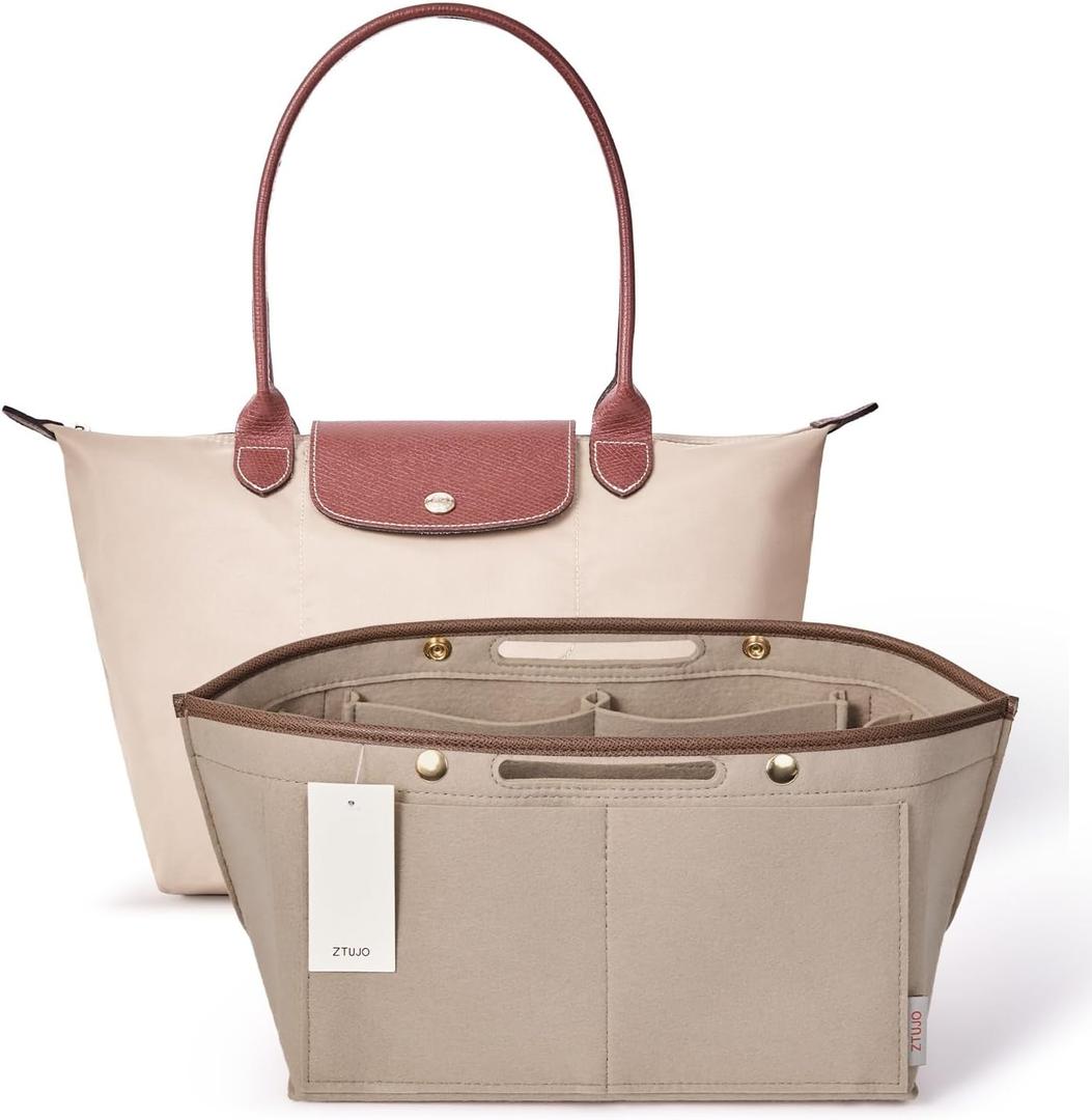 ZTUJO Purse Organizer Insert For Le Pliage, Compatible with Longchamp Le Pliage Shoulder Bag S/L, Top Handle S/MEnergy S/L, Xtra S, Longchamp Organizer Insert (Beige, Large)
