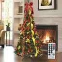 6Ft Pre-lit Christmas Tree - Fully Decorated Pull-Up Christmas Tree with Remote, 200 LED Lights, Ornaments, Red&Gold Ribbon, Bows, Easy Assemble Collapsible Xmas Trees Holiday Party Decor