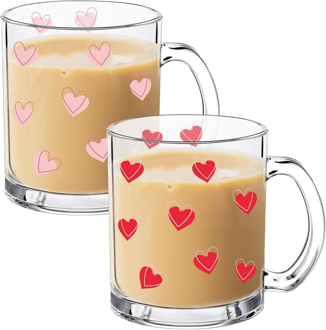 Reallnaive 2 Pcs Valentines Cup Heart Glass Mugs with Handle 12 oz Valentines Gift for Him/her Galentine's Day Gifts for Women Bestie Heart Iced Coffee Cups Cute Drink Conversation