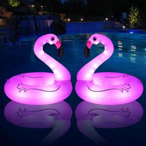 Inflatable Flamingo Pool Floats with Lights, FlyfreeU Solar Powered Flamingo Swim Tube Rings, 42'' Lake Beach Floaties Swimming Rings Summer Pool Raft Lounger for Adults Water Party Supplies.