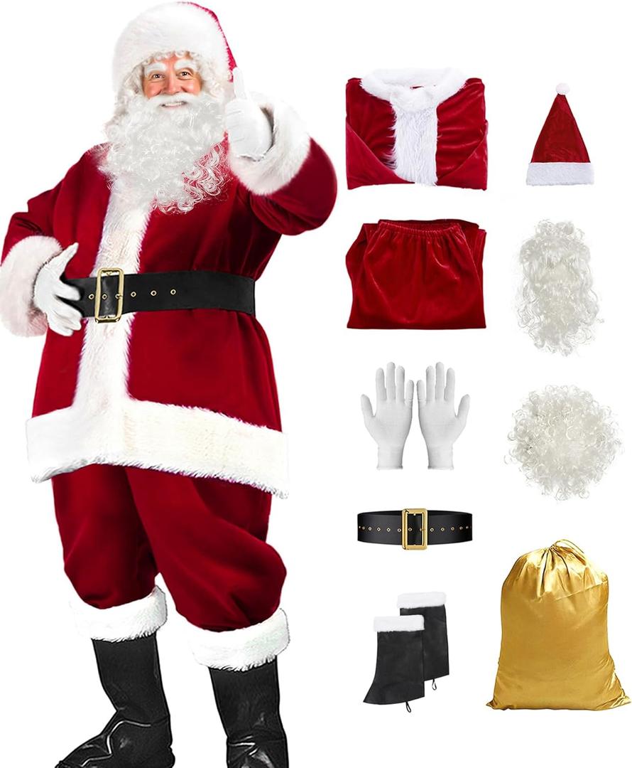 dgdgbaby Santa Claus Costume for Men Women Adult - 9pc. Deluxe Costume Santa Suit Outfit (3X-Large, Maroon)