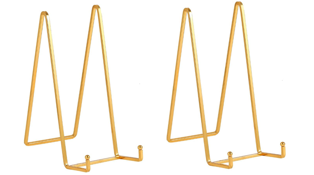 Large Plate Holder Display Stand - 12 inch Super Tall Big Plate Stands for Heavy Duty Display - Metal Picture Frame Stand - Tabletop Easel Stand for Decorative Platter | Plaque | Book - 2 Pack - Gold