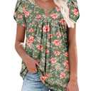 onlypuff Womens T Shirts Dressy Casual Pleated Tunic Boho Floral Blouse Fashion Summer Outfits Short Sleeve Tops Round Neck GreenOrange L