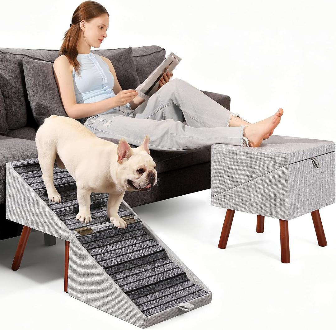 2-in-1 Foldable Ottoman Dog Ramp for Couch(6-Steps) | Convertible Folding Dog Stairs for Couch and Bed,Non-Slip Wooden Pet Stairs for Puppy Senior Injured Dogs