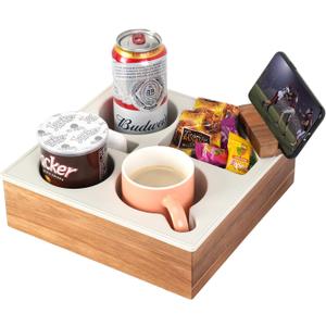 Couch Cup Holder Tray, Handy Soft Silicone Acacia Wooden Couch Caddy for Bed Car Seat Beach Organizer, Waterproof Anti-Spill Sofa Cup Holder for Snacks Beverage Remote (White) (10*10*3 IN)