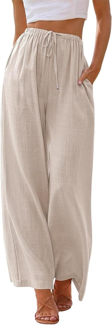LILLUSORY Women's Linen Summer Palazzo Pants Flowy Wide Leg Beach Pants with Pockets (Large, Apricot)