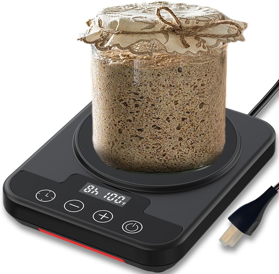 Sourdough Starter Warmer Mat, 12H Timer Warming Heating Pad, Precise 1F Thermostat Control (70-100F), Smart Memory Warming On/Off, Fits Jars Up to 40oz, Perfect for Home Baking (Black) (Black Semi-lcd)
