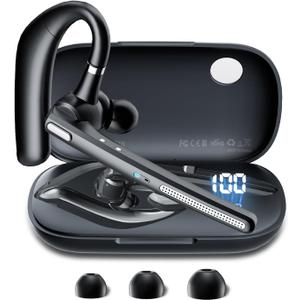 Bluetooth Headset V5.3, Wireless Earpiece with 500mAh Charging Case 72 Hrs Talking Time Hand-Free Headphones with Noise Canceling Mic for Office/Driving/Business/Trucker,Black