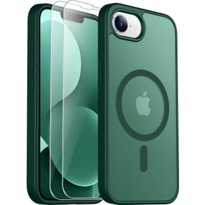 SPIDERCASE for iPhone 16e Case for iPhone 17e Case, Magnetic Translucent Matte Case with 2PCS Tempered Glass Screen Protector Slim Phone Case for iPhone 16E/17E 6.1'',Forest Green