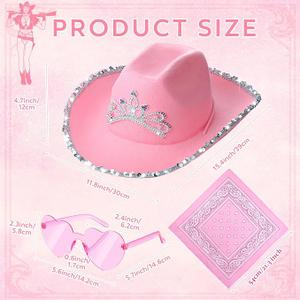 Coume 9 Pcs Pink Cowgirl Cowboy Western Hat with Crown Princess Sequin Bachelorette Party supplies Heart Glasses Paisley Bandanna for Western Rodeo Party Halloween Christmas Cosplay