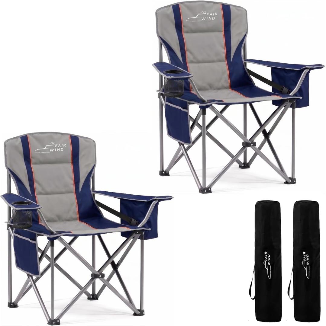 FAIR WIND Fully Padded Oversized Camping Chair for Adults Heavy Duty Folding Lawn Chair with Adjustable Lumbar Support, Cooler Bag & Cup Holder for Outdoor, Sports, Beach - Support 500LBS, 2 Pack