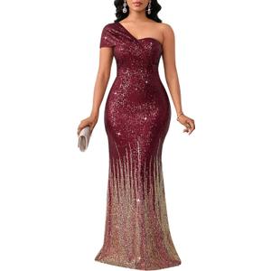 Cololura Women Sexy Sequin One Shoulder Mermaid Formal Party Cocktail Gowns Bodycon Evening Maxi Dress, Size XL