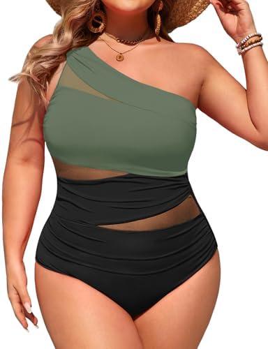 Aqua Eve Plus Size One Piece Swimsuit for Women Tummy Control Bathing Suits One Shoulder Swimwear 18W
