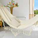 JoyView Boho Macrame Single Hammock with Hanging Ropes & Elegant Tassels 78.8x39.4 Portable Cotton Hammock for Patio Backyard Porch 300LBS Weight Capacity Perfect for Outdoor/Indoor - Beige Color