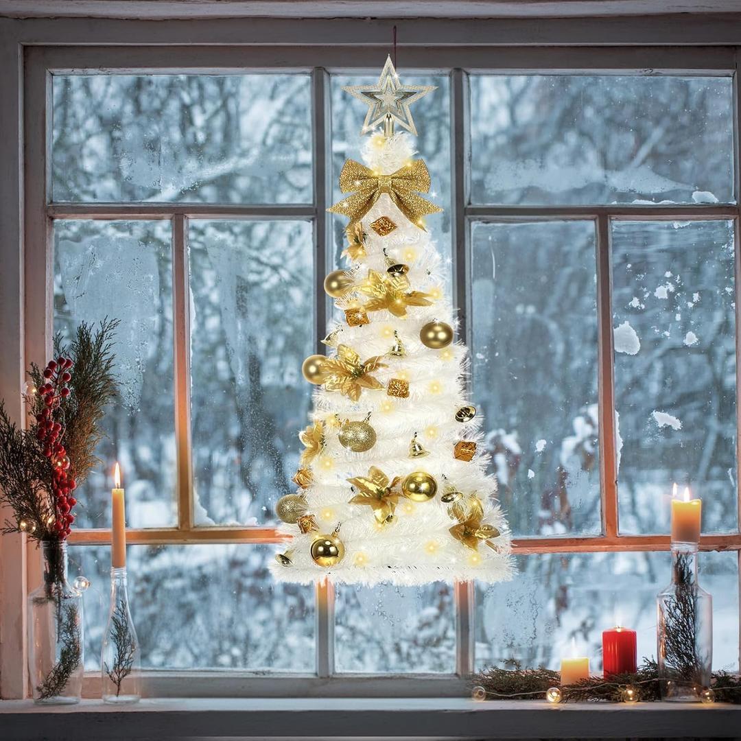Suncalla Wall Christmas Tree with Lights 40inch, Artificial Wall Hanging Xmas Decoration with 50 LED String Lights, Saving-Space Door Hanging Xmas Tree Small Space Home School Office(Platinum)