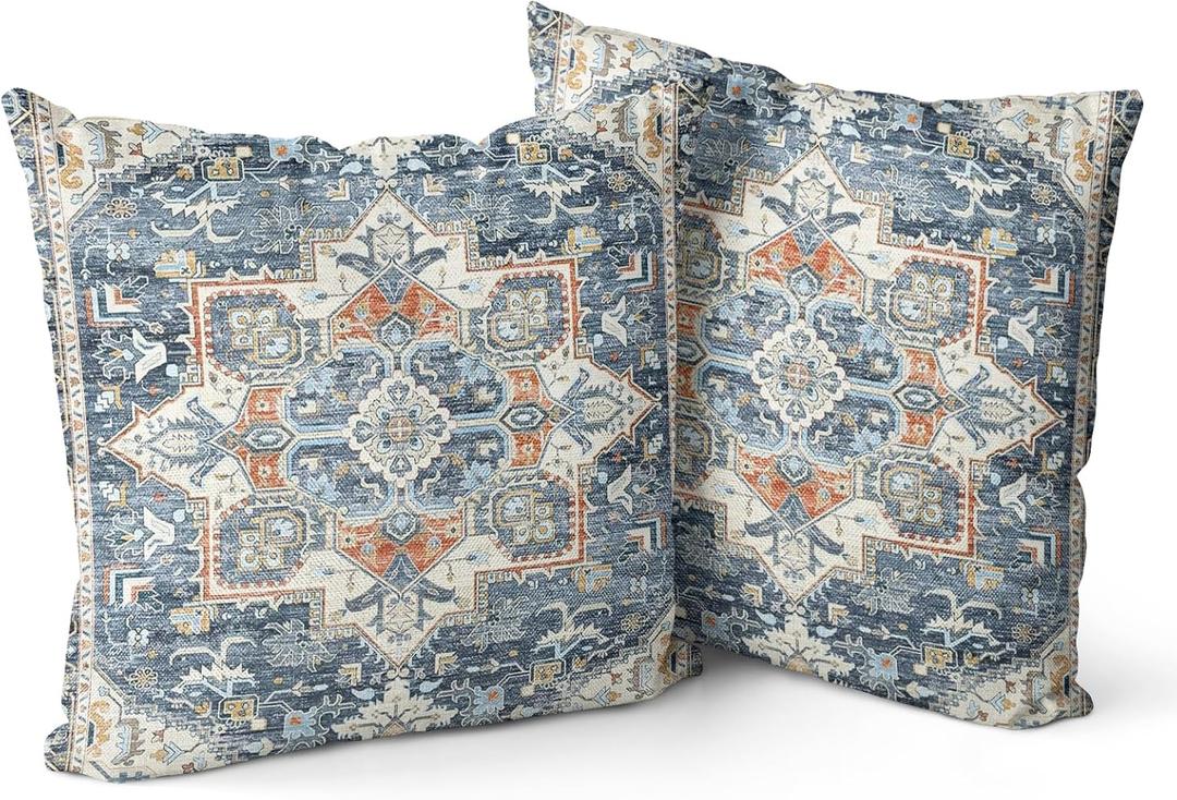 Boho Pillow Covers 16"x16" Set of 2 Monaco Grey Blue Bohemian Carpet Double Sided Pattern Linen Pillowcases Cushion Cover for Farmhouse Couch Sofa Bed Decorative, Only Pillowcase (Boho Style 08)