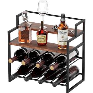 Wine Rack, Sturdy and Durable Countertop Wine Rack with Smooth Wood & Matte Black Iron, Multi-Purpose Wine Holder for Cabinet, Bar, Dining Room, Home Decor and Party Display, 16 inches x 9.5 inches x 15.8 inches
