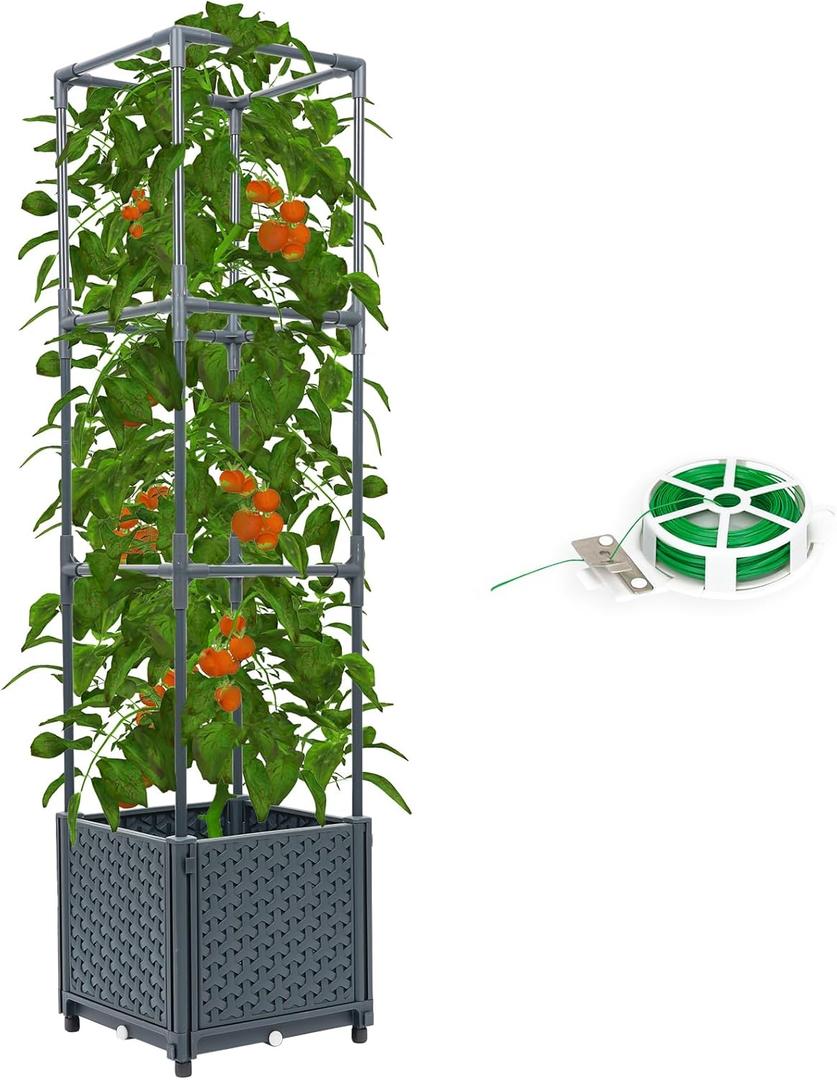 Tomato Planter with Trellis Cage Raised Garden Bed Planters Boxes with Tomato Plant Cages Support Self Watering Pots for Climbing Flowers Vegetable Vine Vegetables Patio Greenhouse Indoor Outdoor (9.84*9.84*41.3 inch)