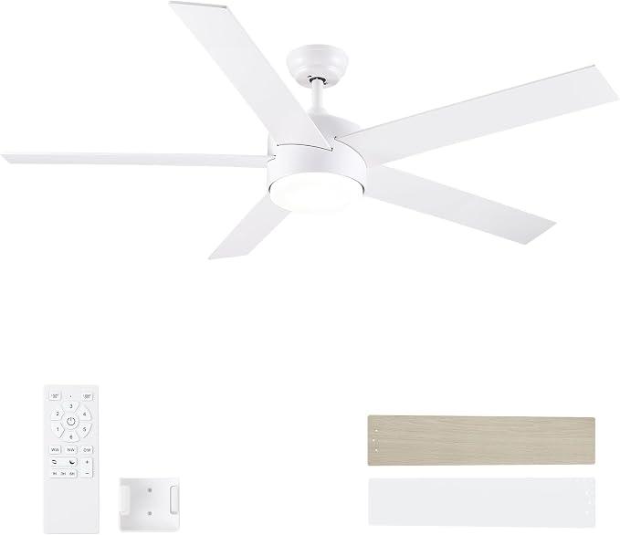 POCHFAN 52 Inch White Ceiling Fans with Lights and Remote Control,Quiet Modern Ceiling Fan for Bedroom,Living Room, Dining Room,Dimmable 3-Color Temperatures 6-Speed