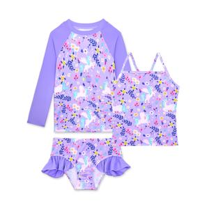 Girls Tankini Swimsuit Size 3t 4t Purple Flower Horse 3 Pieces Rash Guard Set with Ruffle Bottom (Purple)