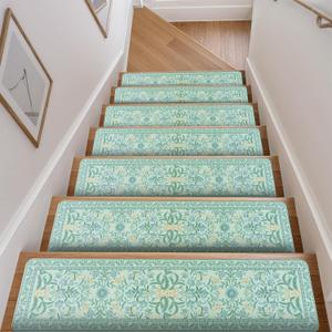 OJIA Blue Floral Stair Treads Non Slip 15PCS, 8"x30" Stair Runner for Wooden Steps Indoor, Rubber Carpet Stair Treads Mats Residue-Free Staircase Step Treads for Kids, Elders, Pets
