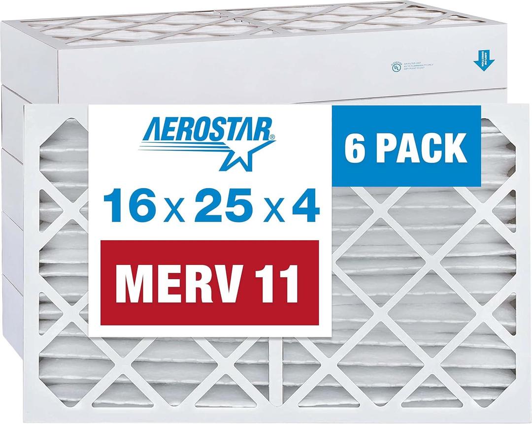 Aerostar 16x25x4 MERV 11 - 6 Count - Pleated HVAC, Furnace & Air Conditioner Filters - Removes Dust, Cold & Flu Germs, Lint, Mold, Pet Dander, Allergy-Causing Pollen, Smog & Smoke (15.5" x 24.5" x 3.8")