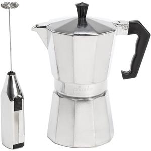 Primula Stovetop Espresso Maker and Handheld Electric Milk Frother Gift Set, Moka Pot for Classic Italian and Cuban Coffee, Cafetera, 6 Espresso Cups, Silver