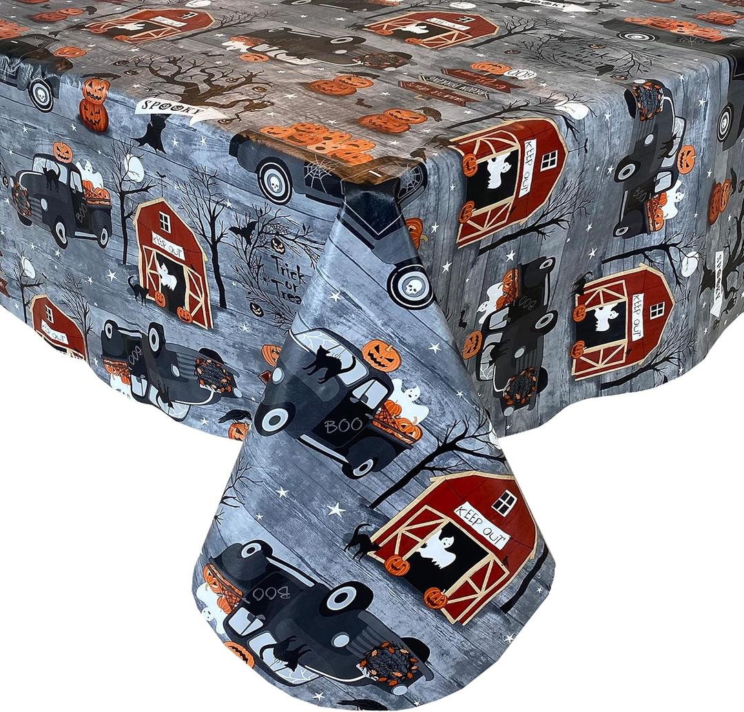 Newbridge 52 x 52 Inch Square Haunted Halloween Rustic Ghost Farm Vinyl Tablecloth with Flannel Backing, Ghosts, Barns, Pumpkins, and Spooky Truck Farm Scene, Easy Care Wipe Clean Table Cover