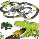 TUMAMA Dinosaur Toys Race Track, 281 Pcs Dinosaur Train Set for Kids 3-5 5-7, Flexible Train Tracks with 4 Dinosaurs Figures, 2 Electric Race Cars with Light, Create A Dinosaur Road Race for Toddlers