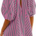 Yanekop Womens Romper Dress with Shorts Striped Romper Overall Oversized Short Jumpsuit V Neck Puff Sleeve Mini Dress (Small, Hot Pink Green)