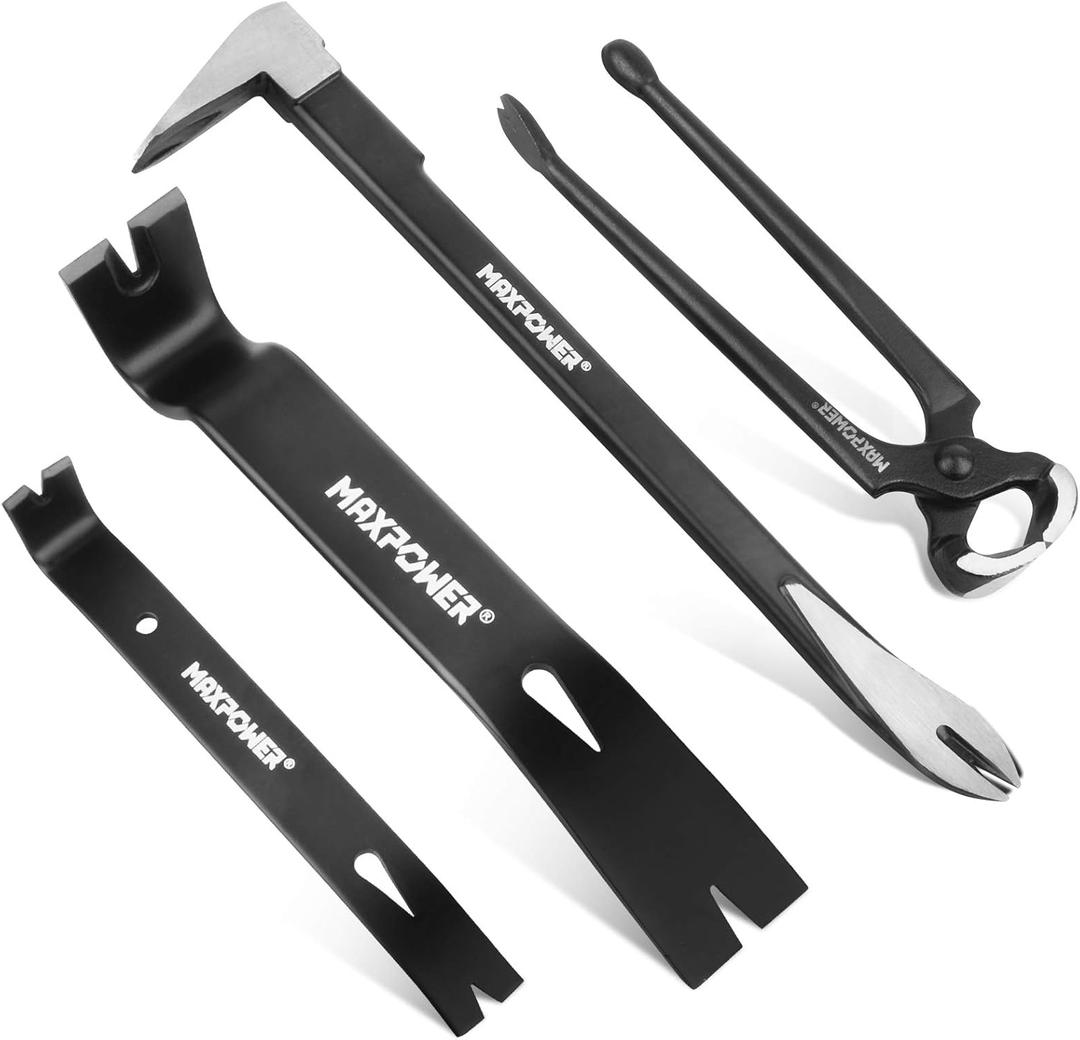 MAXPOWER 4-Pieces Pry Bar Set, 12-inch Utility Claw Pry Bar, 8-inch Nail Puller, 10-inch and 7-inch Flat Pry Bar Crowbar Claw