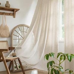 Setaback Boho Curtains for Bedroom Living Room 63 Inches Light Filtering with Beige Tassels Bohemian Farnhouse French Country Drapes Kitchen Window Treatment, 52" x 63", Natural, Set of 2