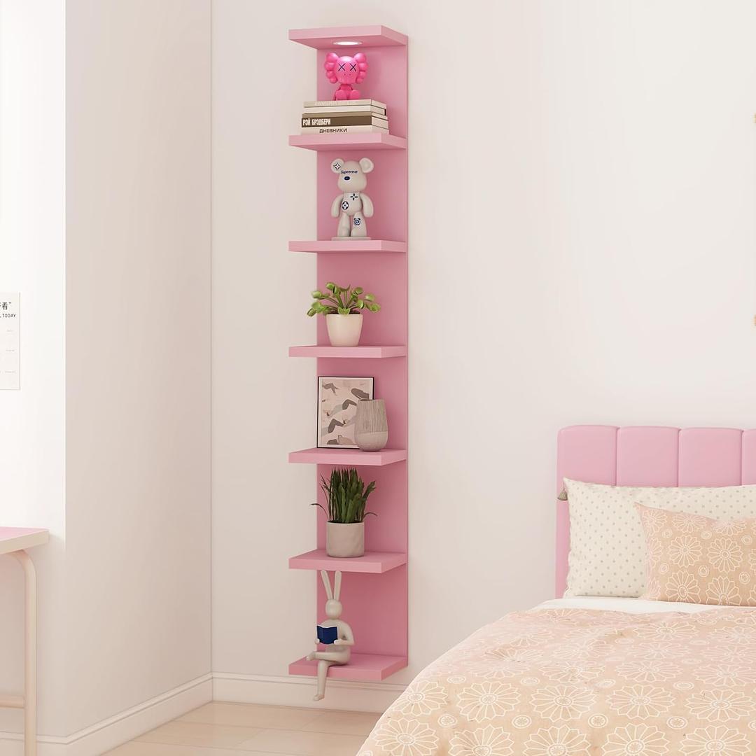 Versatile 7 Tier Wall Shelf Unit,Pink Lack Wall Shelf,Display Floating Shelf with LED Remote Control Light