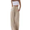 Faleave Women's Cotton Linen Summer Palazzo Pants Flowy Wide Leg Beach Trousers with Pockets (Khaki-S)