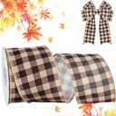 Thanksgiving Fall Wired Edge Ribbon, 2.5 Inch 10 Yard Coffee Lattice Decorative Ribbon for Craft, Wreath Bow, Gift Wrapping, Party Decor