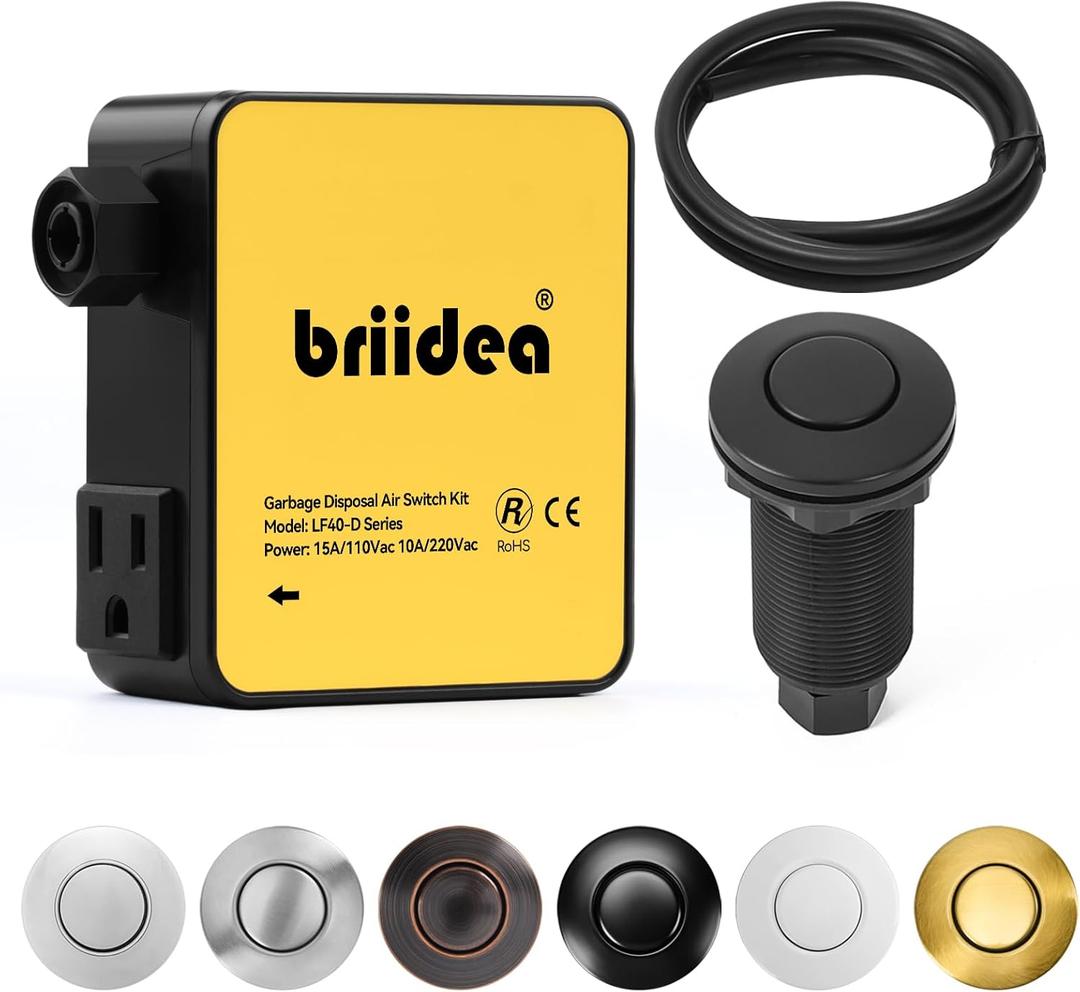 Garbage Disposal Air Switch Kit Sink Top Waste Disposal Long Stainless Steel Black On/Off Air Button Food and Waste Disposals Part by Briidea, UL Listed