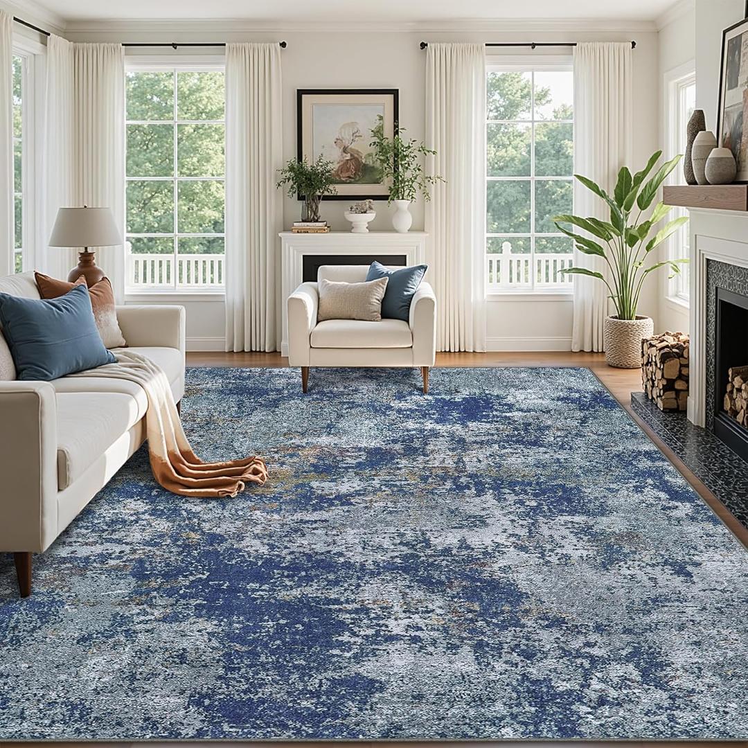 8x10 Area Rugs for Living RoomLarge Machine Washable Area Rug with Non Slip Backing Non Shedding Abstract Stain Resistant Carpet for Bedroom Dining Room Nursery Home Office - Blue