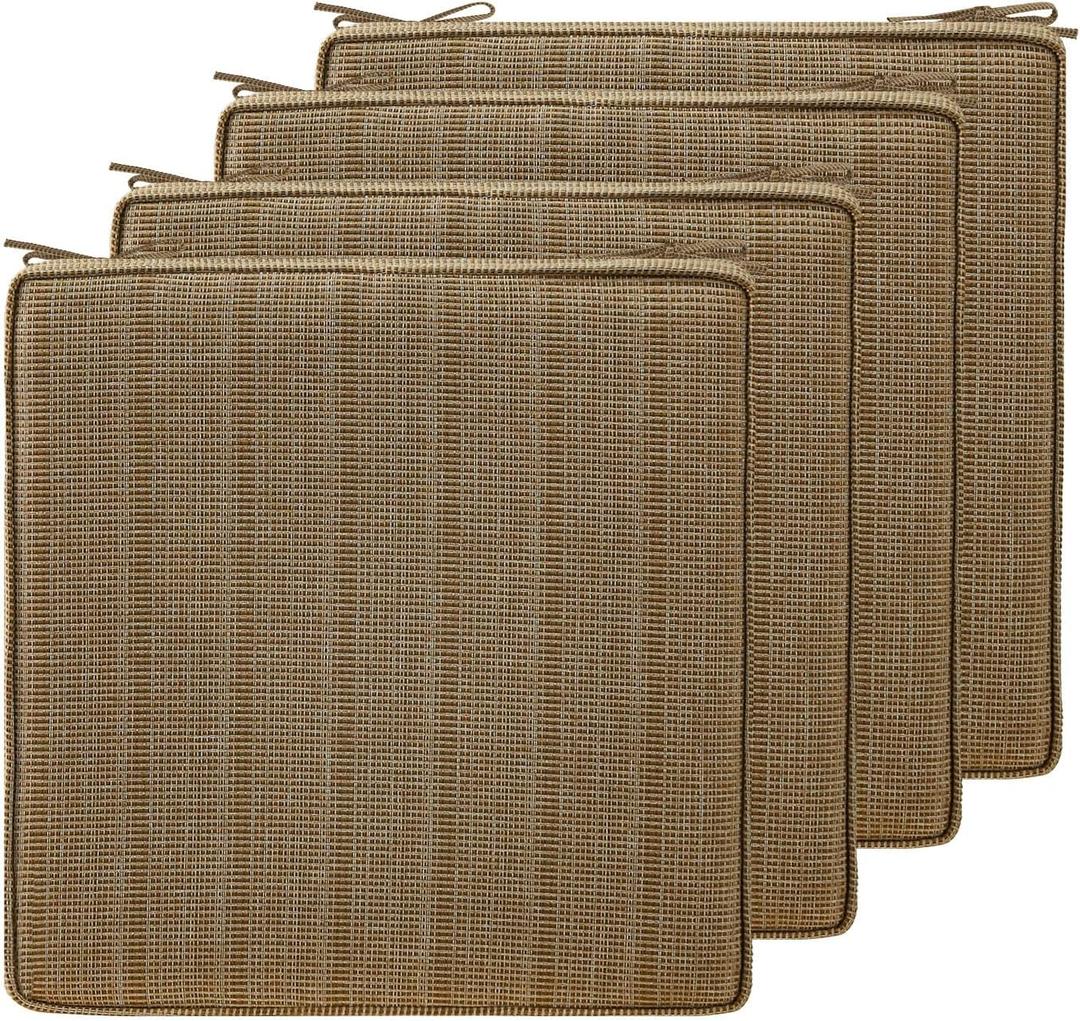 19 x 19 Inch Outdoor Chair Cushions with Tie Straps, Set of 4 Thick Water Repellent Square Patio Chair Pads for Garden Lawn Patio Furniture, Sierra Linen