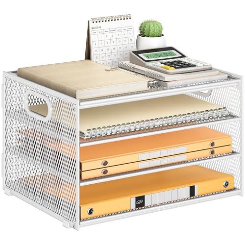 Subekyu Paper Letter Tray Organizer for Desk, White Metal Mesh Desk File Sorter Organizer with Handle and 2 Sliding Trays for Home Office School Supplies Organization