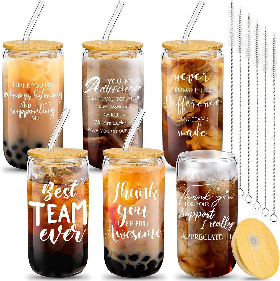6 Set Employee Appreciation Gifts Glass Cups Bulk Thank You Gifts for Team Coworkers Staff Teachers and Nurses 16 oz Can Shaped Glass Cups with Bamboo Lids and Straws(Grateful Style)