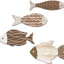 4 Pieces Wooden Fish Wall Decor Set, 12 Inch Coastal Wall Art for Bathroom, Beach House, Family Rooms - with Hooks & Adhesive Pads (Brown)