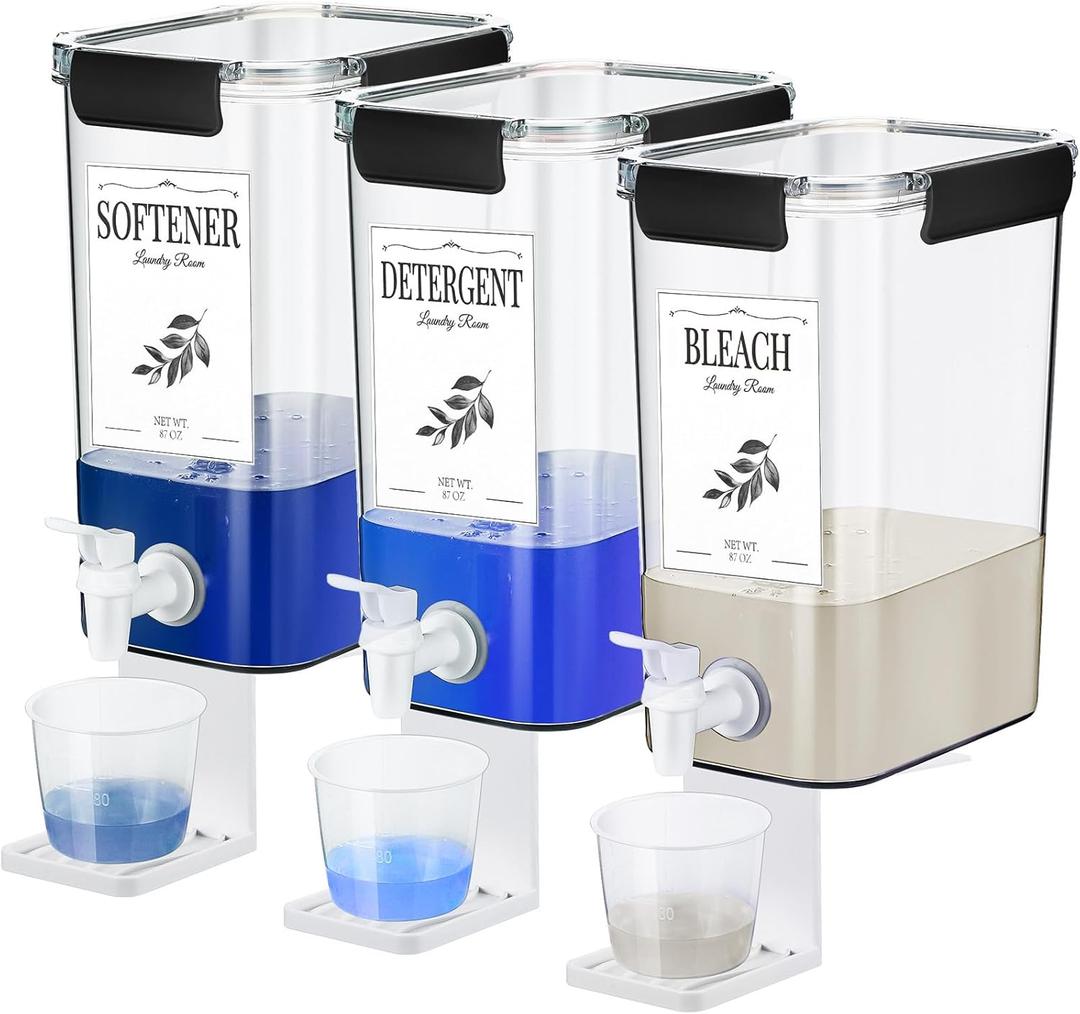 Soaoo 3 Set 87 oz Liquid Laundry Detergent Dispenser with Faucet and Cup Holder Labels Plastic Fabric Softener Container Detergent Drip Catcher for Laundry Room Washing Soap