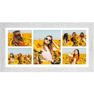 11x23 Picture Frame Display 5 opening 5x7 and 8x10 Picture Frame Collage,Multi Photo Frame with Mat,Plexiglass,Horizontal and Vertical Formats for Wall Decor,Distressed White Wood Grain