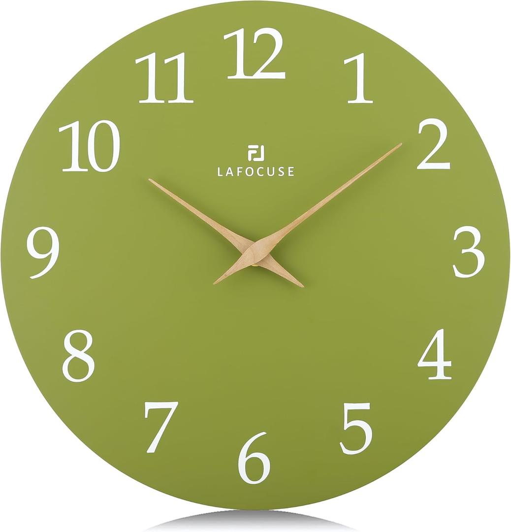Lafocuse 12 Inch Wooden Olive Green Wall Clock Battery Operated Silent Non-Ticking, Modern Simple Wall Clock for Living Room Decor Kitchen Bedroom Office