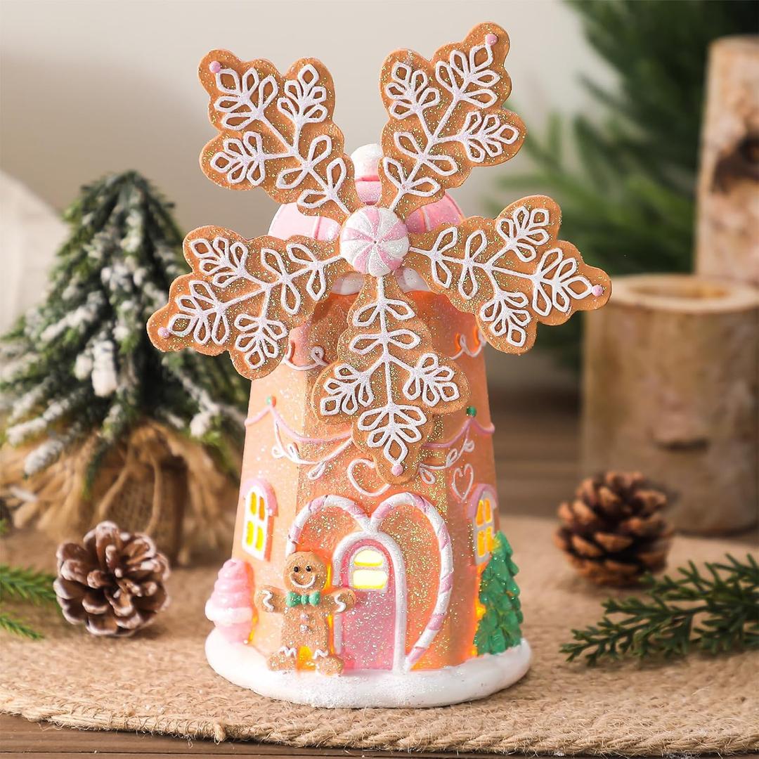 Wesiti Gingerbread House Decorations Lighted Christmas Gingerbread House 9.5 Inches Handcrafted Christmas Windmill Figurines Holiday Decor for Party Centerpiece Table Mantel Dining Table