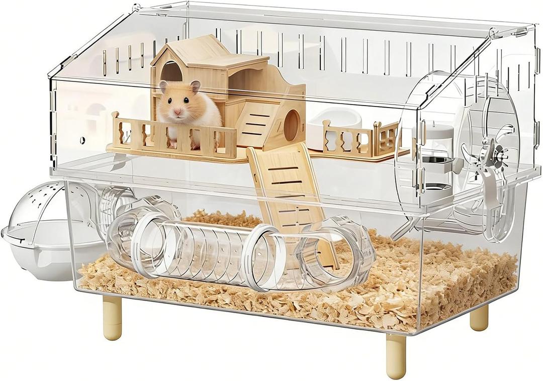Acrylic Hamster Cage, 17.7"x11.8"x13", 8-in-1 2-Layer Hamster House with Full Transparent Viewing, Top Opening Design, Small Animal Habitat for Hamsters