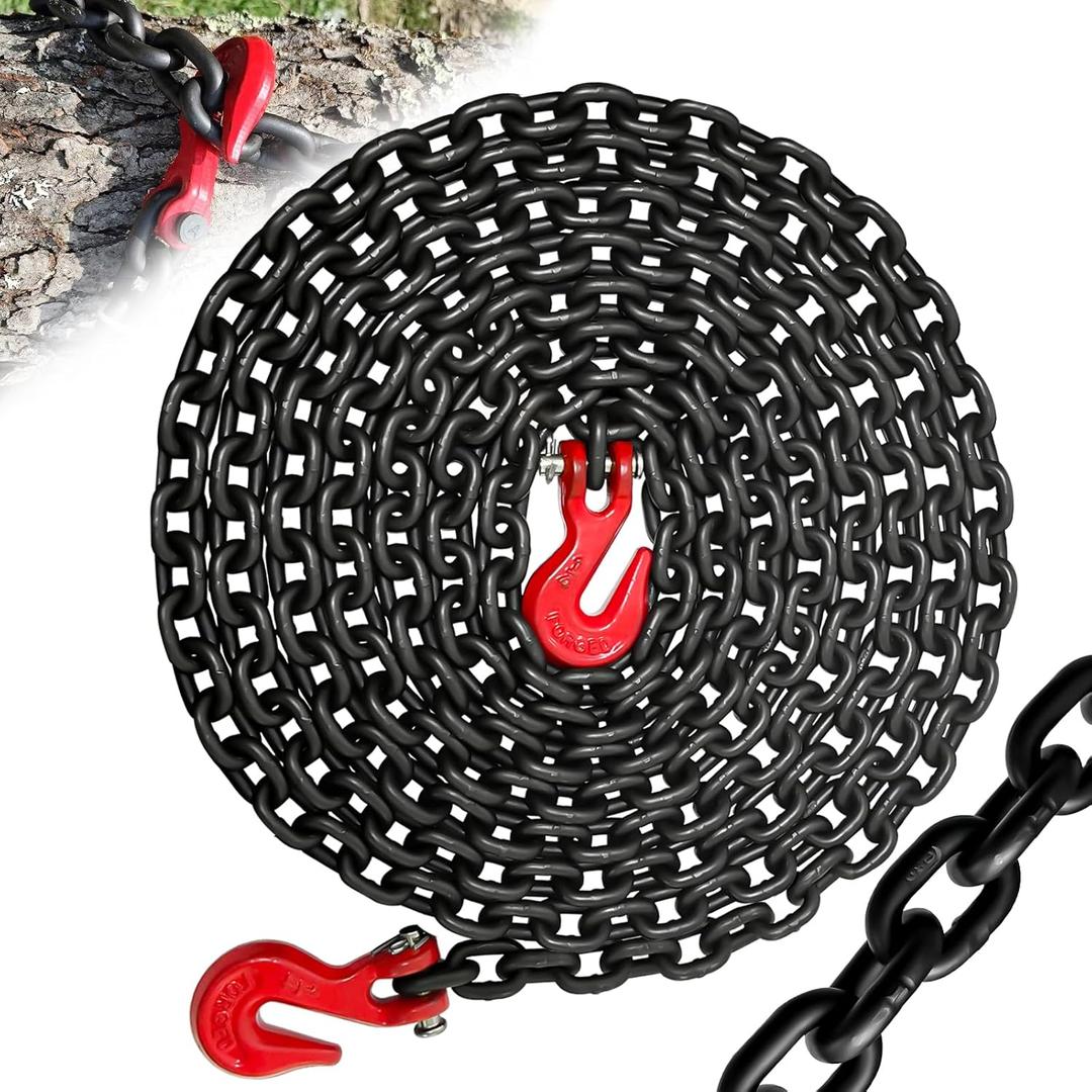 1/4" Tow Chain-G80 Transport Safety Chain with G70 Clevis Grab Hook for Towing|16FT Log Chains Wll 3300 Lbs|Heavy Duty Chain for Trailer Truck Tie Down Binding Equipment(Oiled Black)